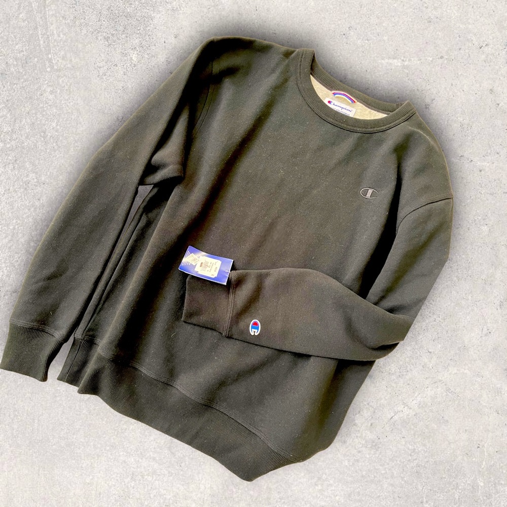Champion POWERBLEND FLEECE CREW, C LOGO Black, New, Men's Medium